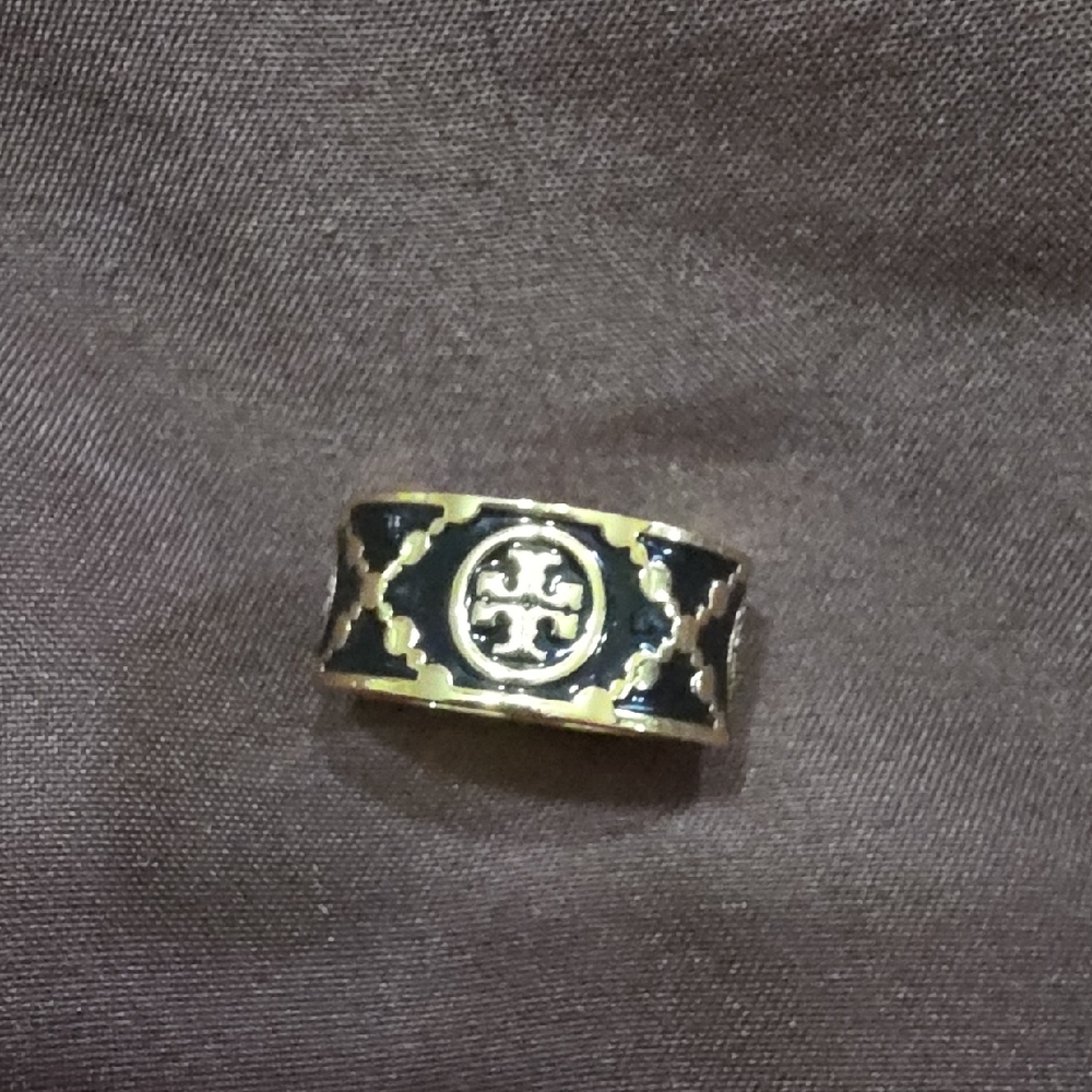 Tory Burch Gold Tone Black Enamel Logo Band Ring